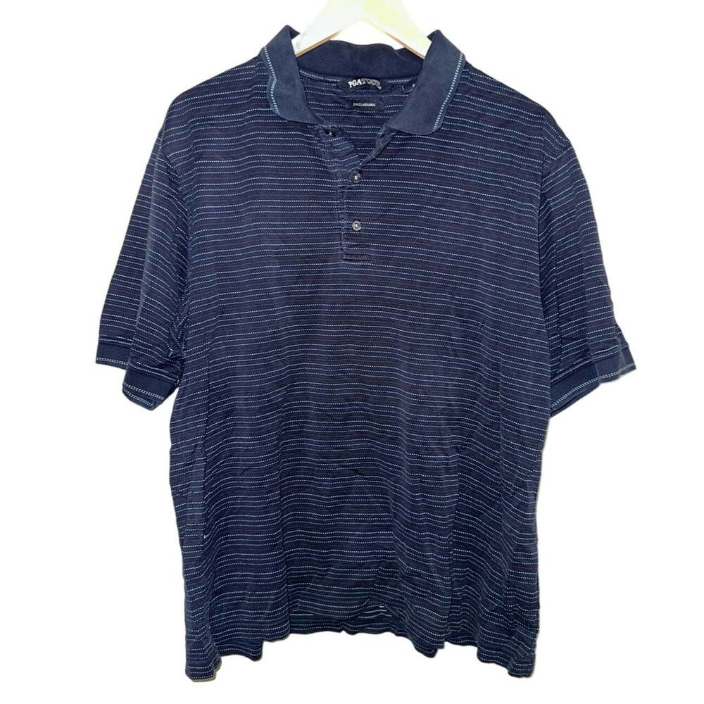 Preppy PGA Tour Short Sleeve Nautical Blue Golf Polo Men Collared Shirt L